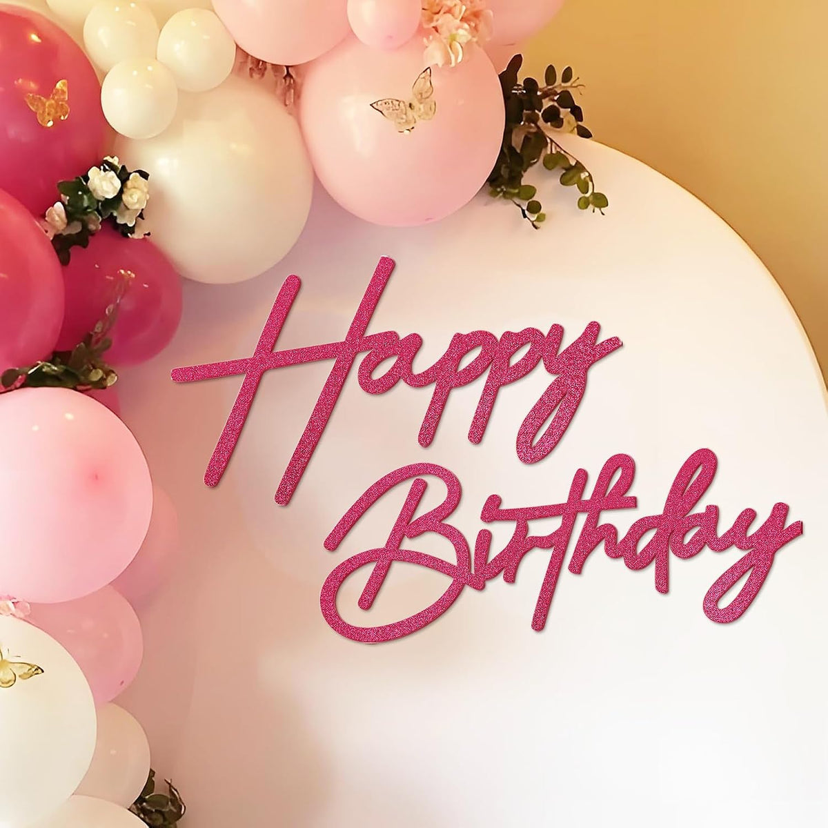 Happy Birthday Sign for Backdrop - Felt / Glitter Hot Pink