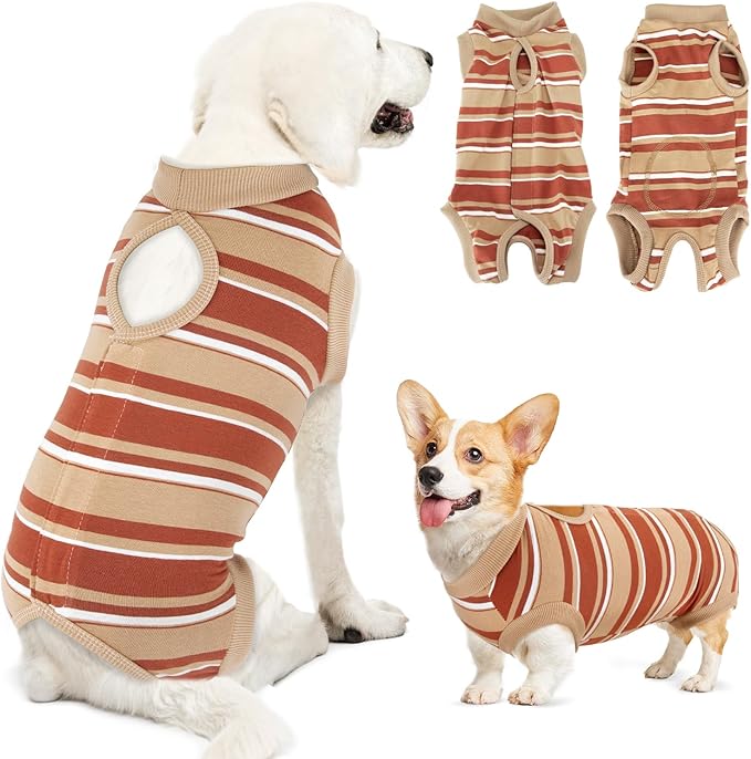 Lukovee Recovery Suit for Dogs, Onesie Surgery Recovery Suit for Female Male Dogs, Abdominal Wounds Cone E-Collar Alternative Prevent Licking Spay Recovery Suit (Brown Stripes,L)