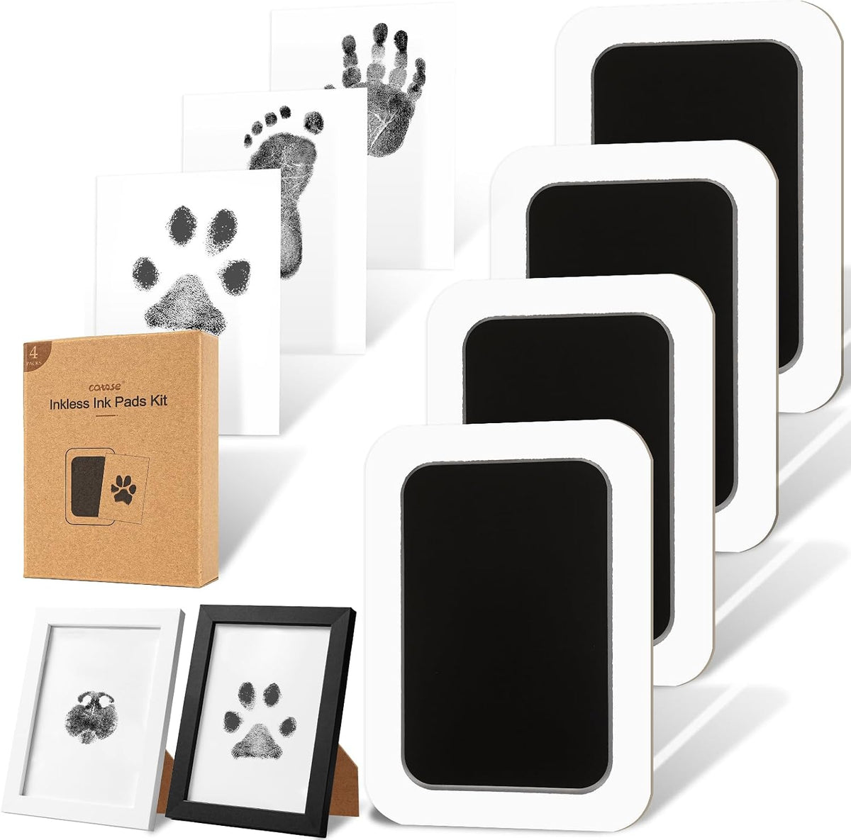 Inkless Paw Print Kit for Dogs, Cats & Babies - Black Pad,Black/White Wood Frame / 4-Pack,Large