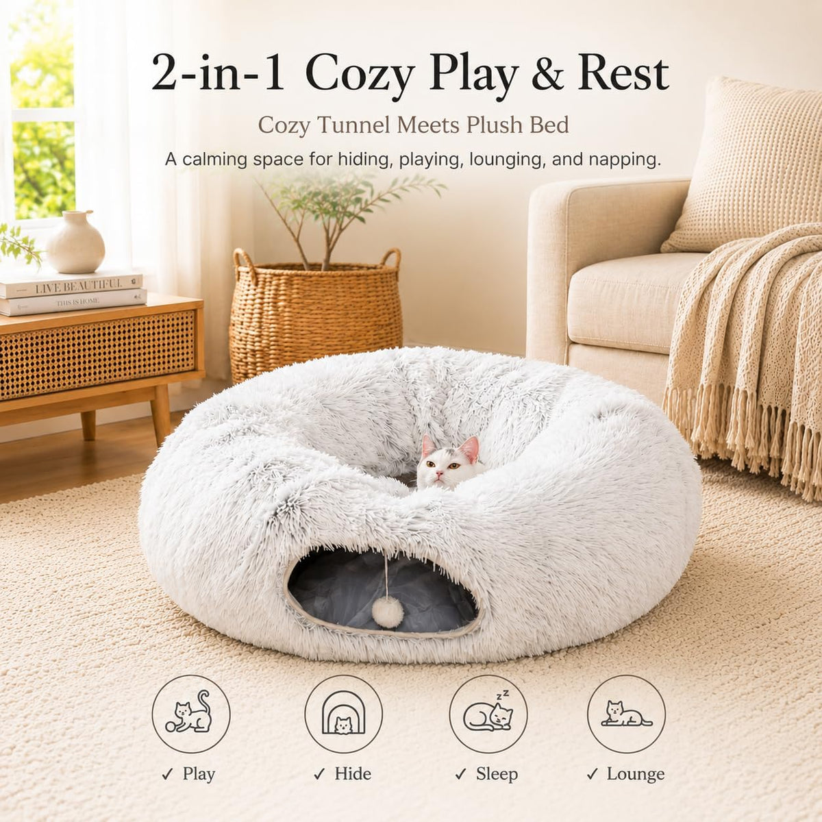 Warm Fluffy Plush Cat Dog Tunnel Bed Under Christmas Tree Big Tube - White - image 3