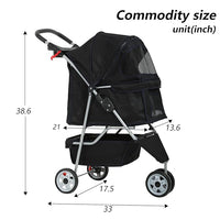 Travel Folding Pet Jogger for Small Medium Dog Cat - Folding Stroller with Storage Basket, Removable Cup Holders (Black, 3 Wheels)
