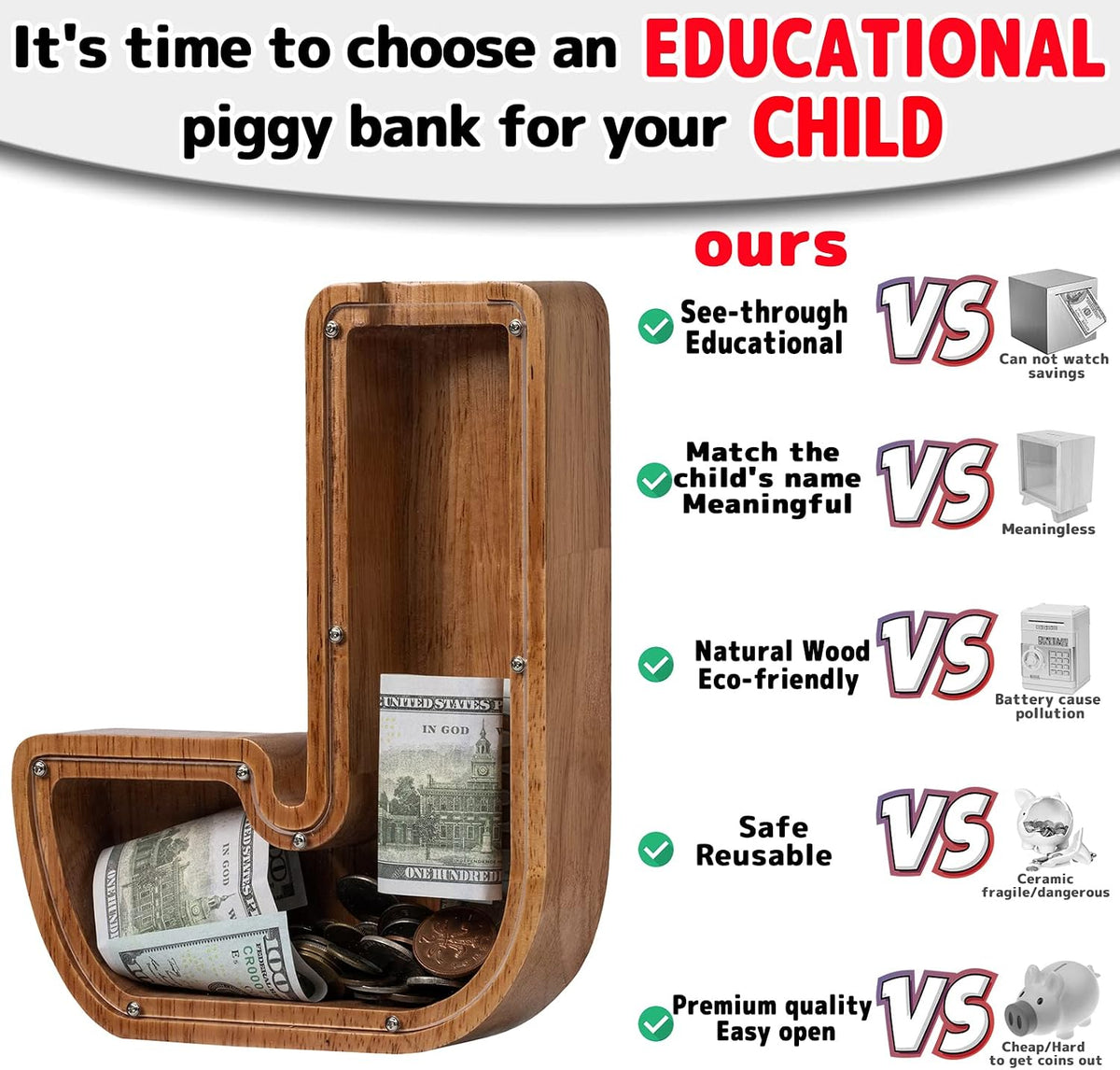 Ladenk Wooden Letter Piggy Bank - J / Initial-9" - image 3