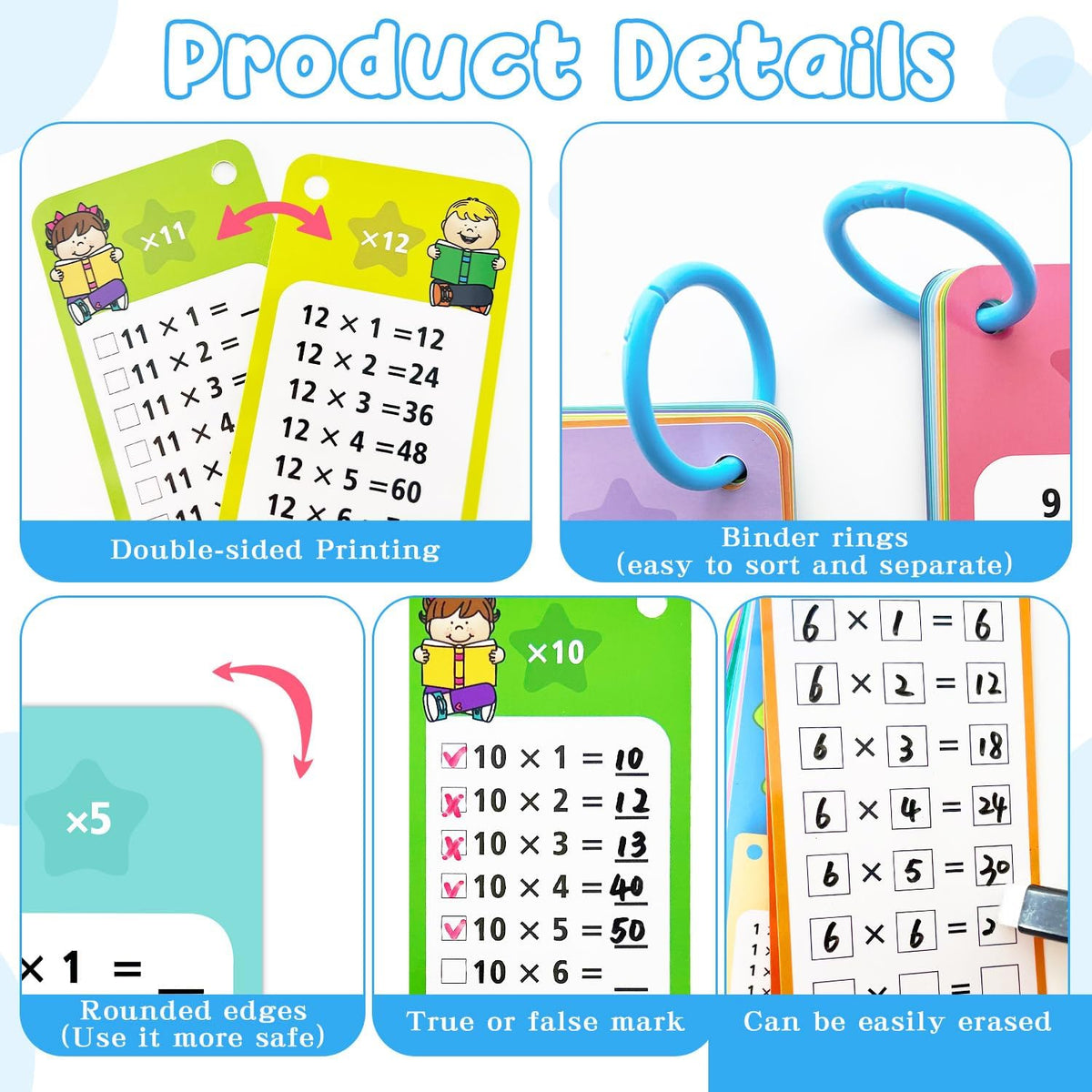 Anemeeoke 1-12 multiplication flash cards with dry erase markers and binder ring - view 8