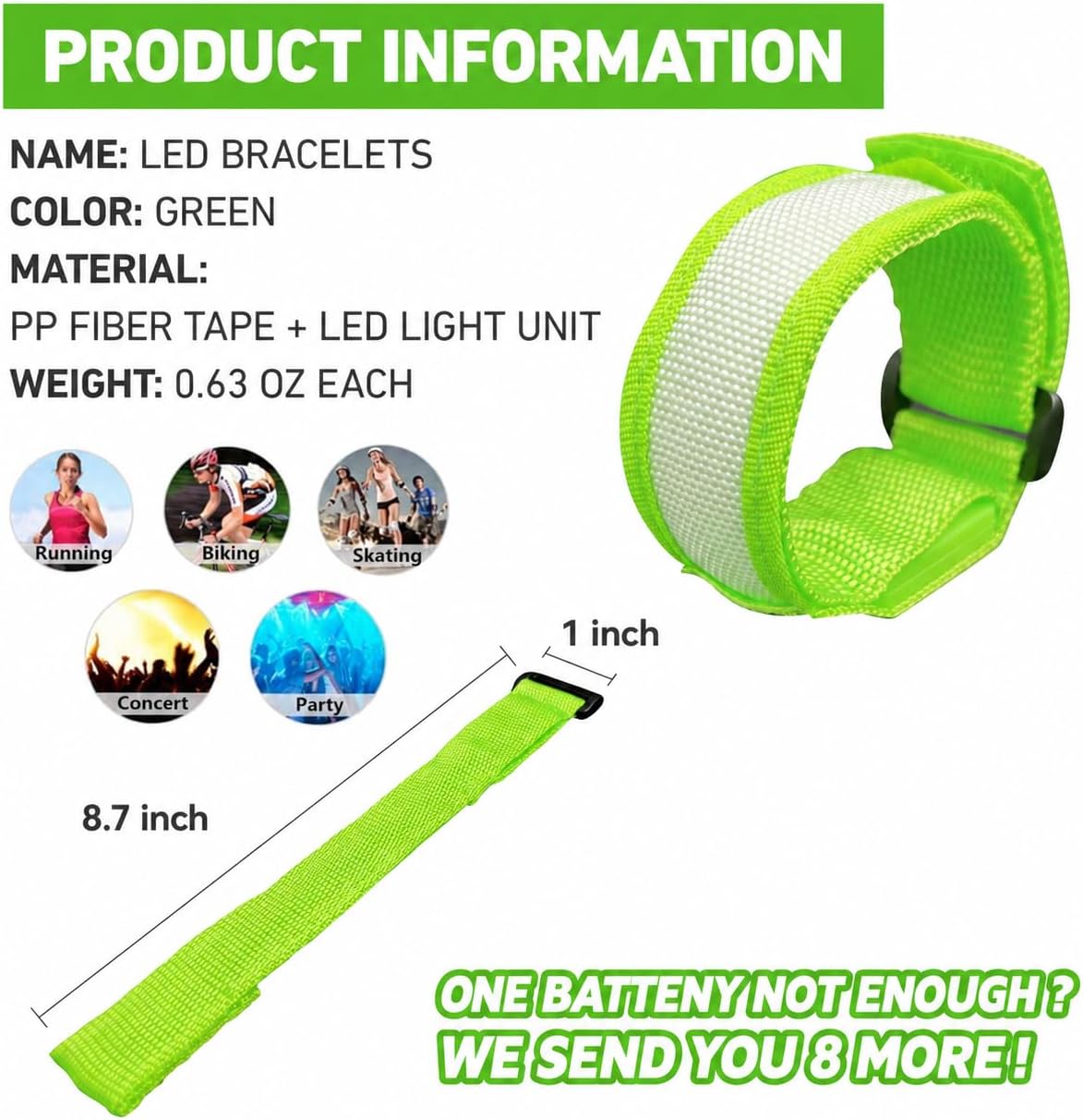 KIRALUMI 8 Pack LED Light Up Bracelets, 3 Modes - Green - 8 PCS - image 3