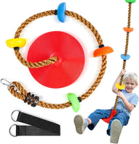 Tgzwme climbing rope tree swing with disc platforms and seat, red and brown rope