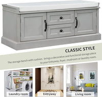 Shoe Storage Bench with 2 Drawers and 2 Cabinets, Pine Wood Shoe Bench with Removable Cushion for Living Room, Entryway 42.5" L x 15.9" W x 17.5" H (Gray Wash)