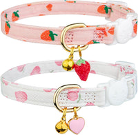 2 Pack Cotton Cat Collar Pink Strawberrie White Heart Cute Kitten - Pink&White