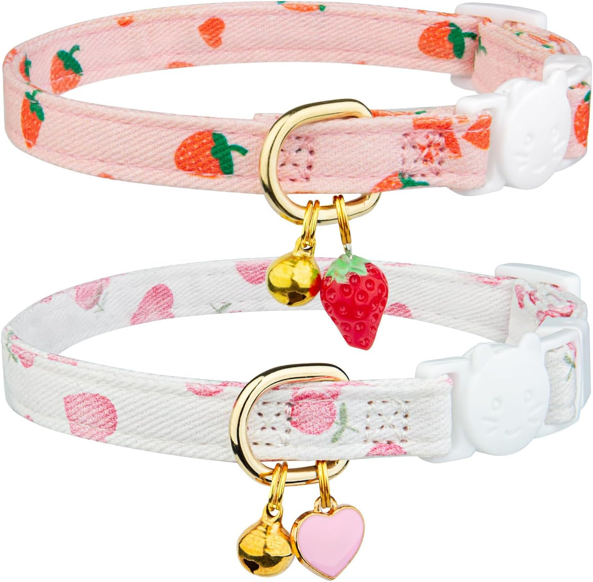 2 Pack Cotton Cat Collar Pink Strawberrie White Heart Cute Kitten - Pink&White