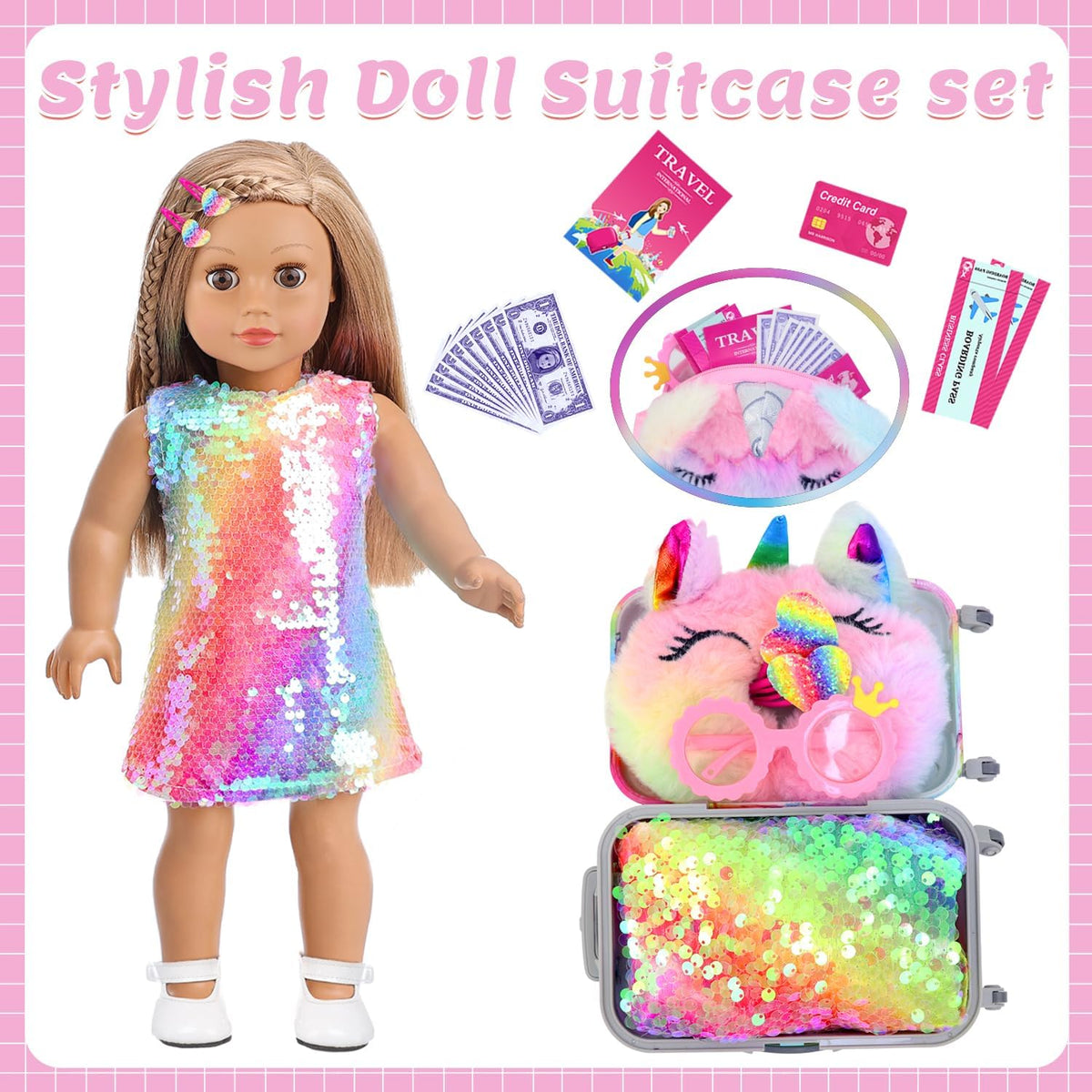 K.T. Fancy 23 PCS 18 Inch Girl Doll Accessories Suitcase Luggage - Yellow Sequined Suitcase - image 4
