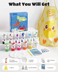 JUPITEARTH washable finger paint set for toddlers with 12 color tubes, apron, brush, palette and eye - view 3