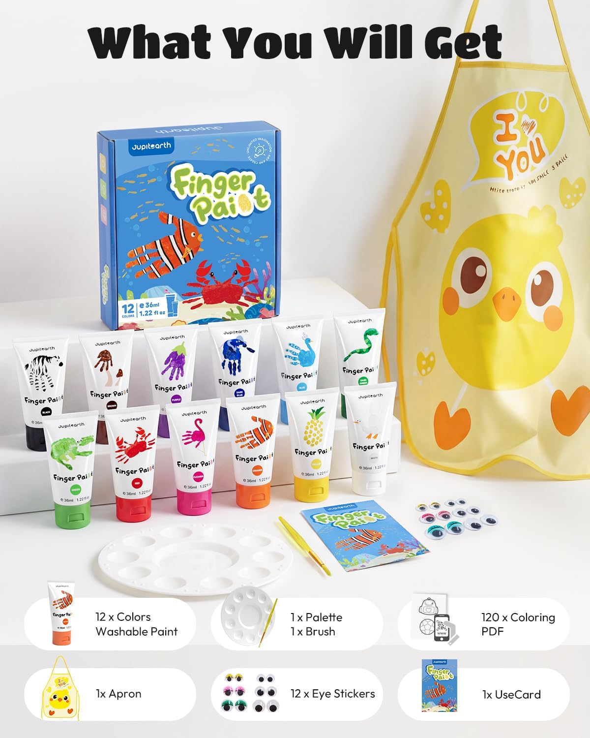 JUPITEARTH washable finger paint set for toddlers with 12 color tubes, apron, brush, palette and eye - view 3