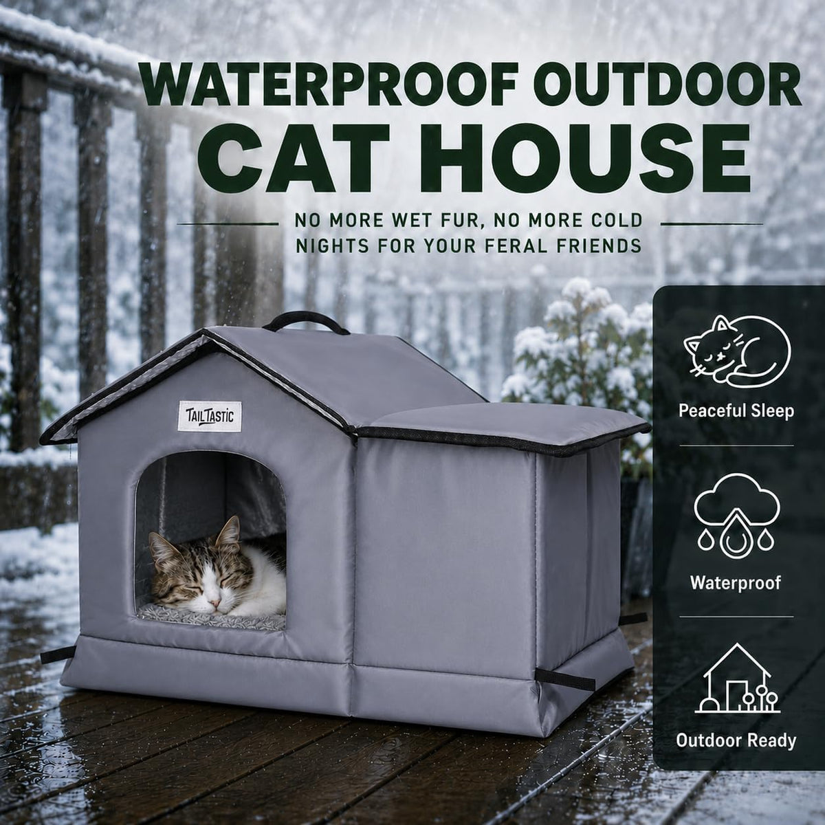 Tailtastic Weather Outdoor Cat House - GREY / L - image 2