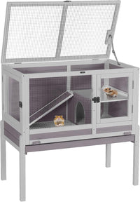 Aivituvin 2-Story Guinea Pig Cage Wooden Indoor Bunny Cage Rabbit - Grey