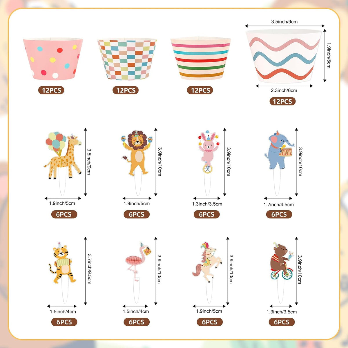 Hooqict carnival circus cupcake toppers and wrappers set, 48 pieces - view 38