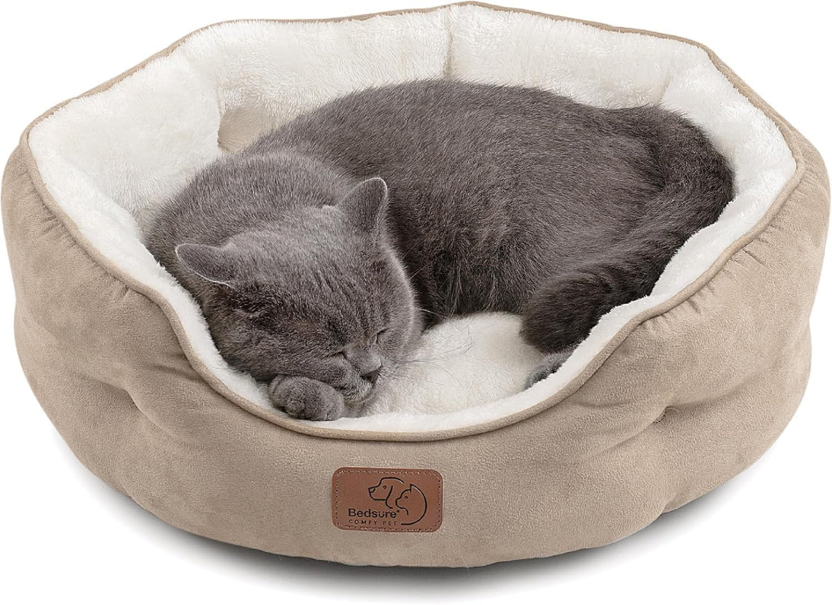 Bedsure Small Dog Bed Washable, Round Cat Beds for Indoor Cats - 20"L x 19"W x 6"Th / Camel
