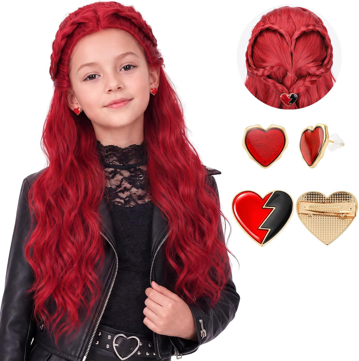 AMZCOS kids long wavy hot pink princess cosplay wig with pink bow and drop earrings - view 4