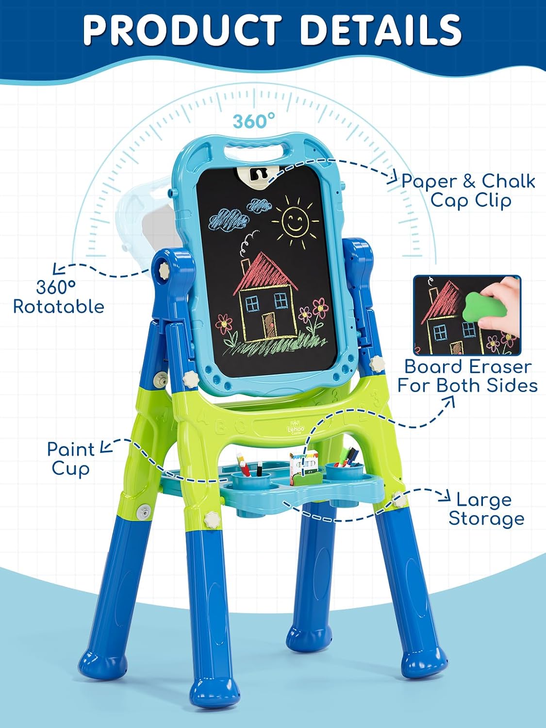 Lehoo Castle Easel for Kids 3-5, Magnetic Chalkboard Whiteboard – Fun for Kids & Family - Dark Blue, Light Blue, Green - image 3