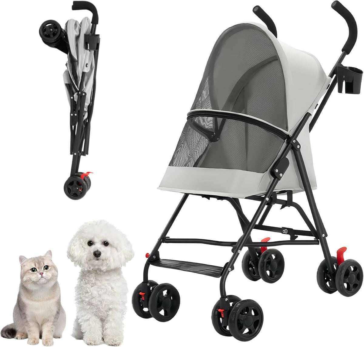 Cat Stroller Foldable Lightweight for Small Dogs Cats 0-15 lbs Pink – Essentials for Dogs - Gray