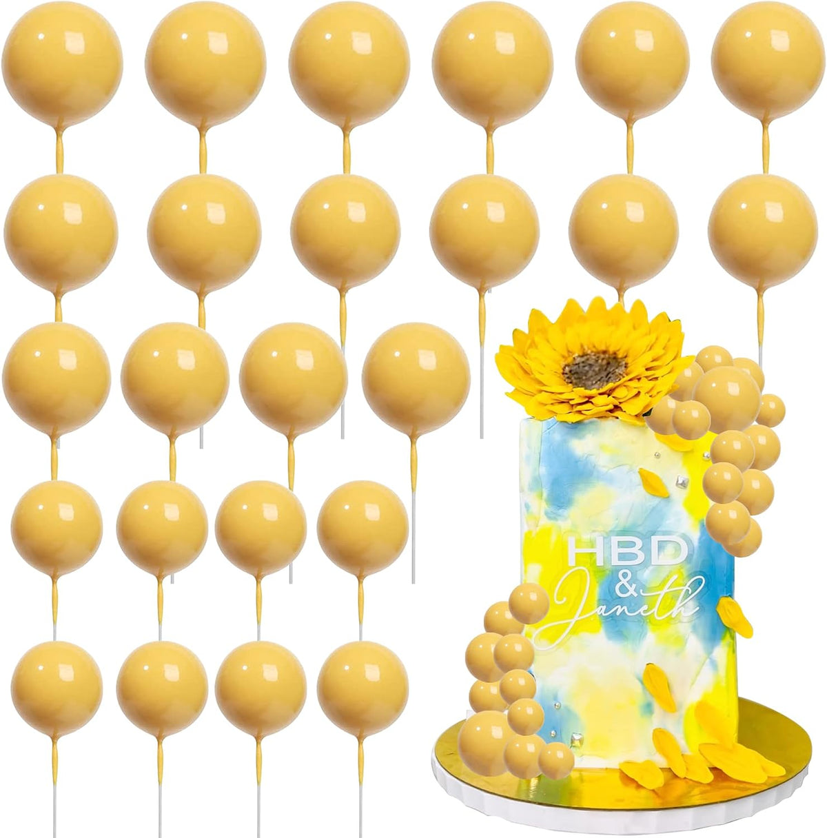 ZHUOWEISM ball cake toppers, 24 mini balloon picks in blue, gold and white - view 10