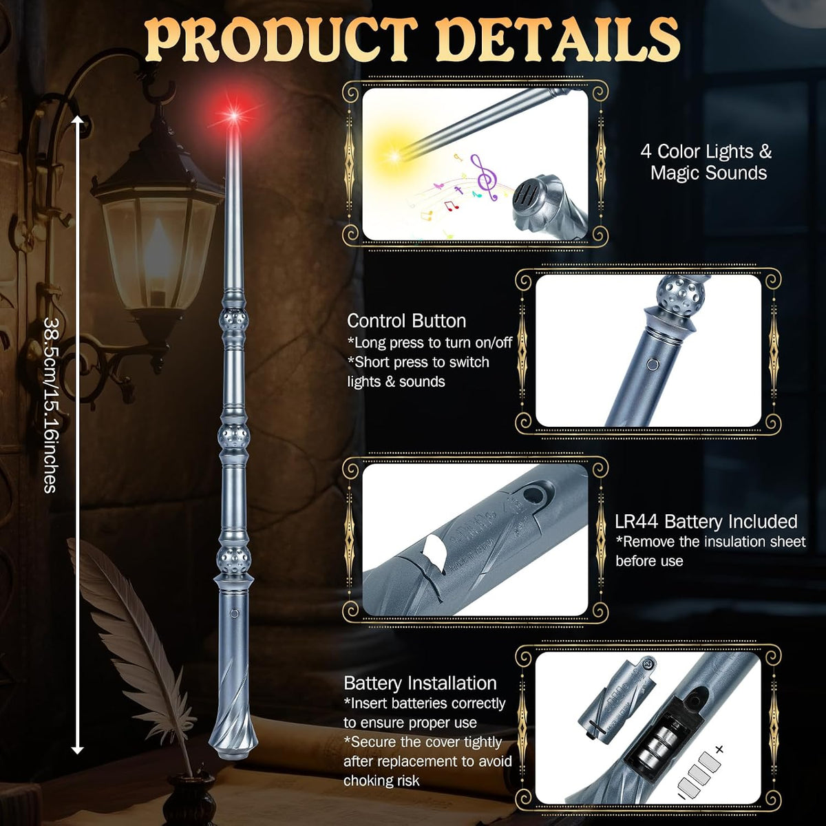 Light Up Magic Wizard Wand with Sounds & 4 Color Lights Illuminating - Silver - image 2