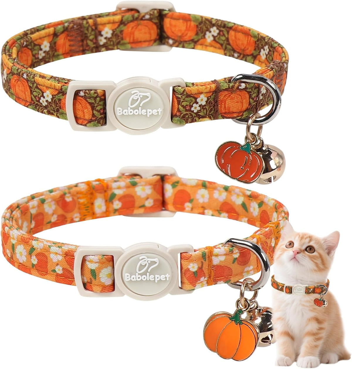 2 Pack Cute Cat Collars - Cartoon Bee Ladybug Breakaway Cat Collar with Bell & Matching Pendant - Flower Pumpkin