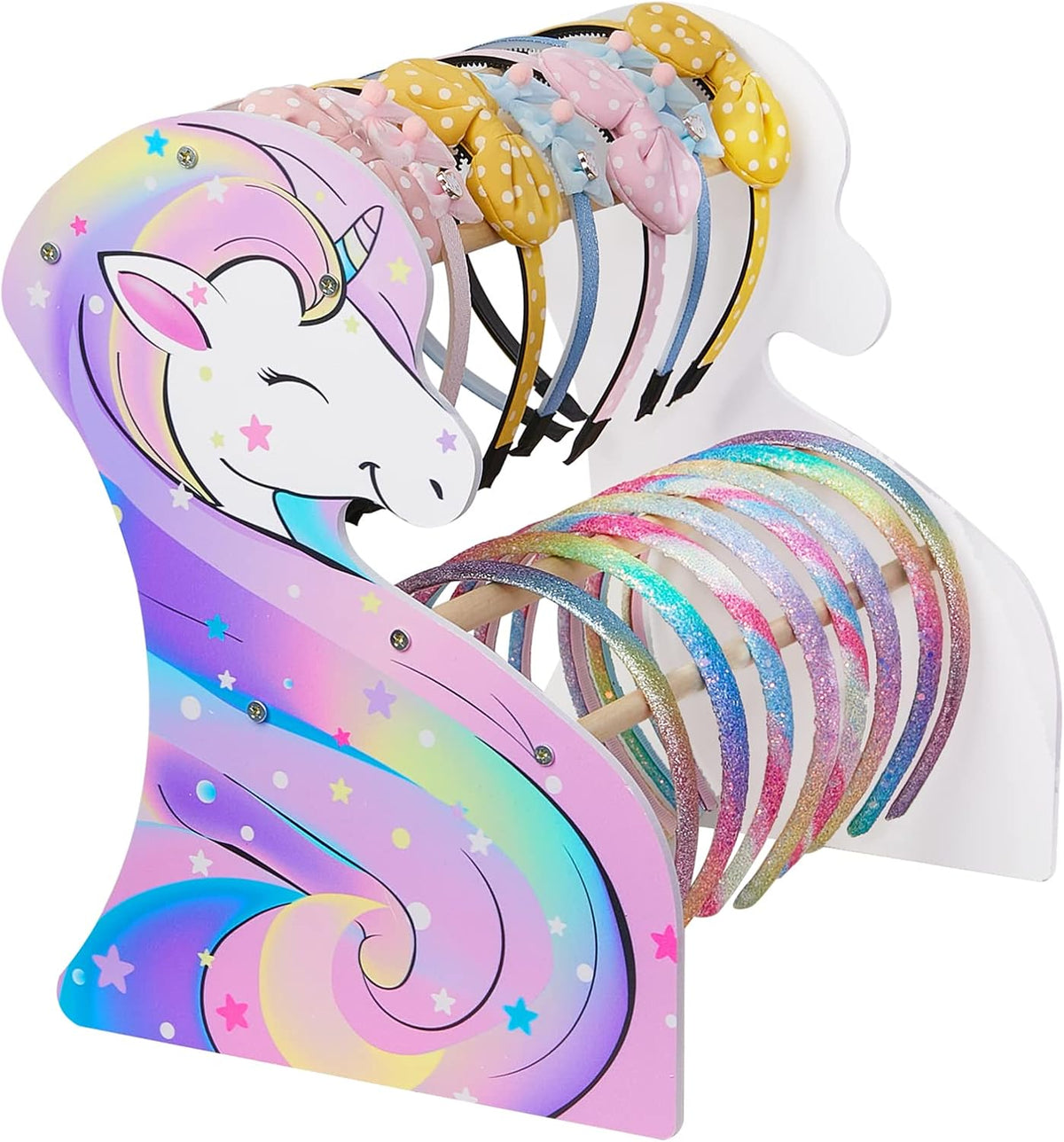 FIOBEE unicorn headband holder organizer for girls, double layer display stand in rainbow - view 2