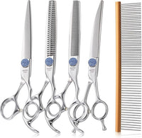 7'' Dog Grooming Scissors Set with Blue Diamond Adjustable Screws CNC 440C Stainless Steel Thinner Chunker Straight Curved Shears with Comb Sharp and Durable