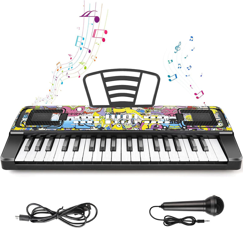 37 Keys Kids Keyboard Piano with Music Stand, Microphone - Black