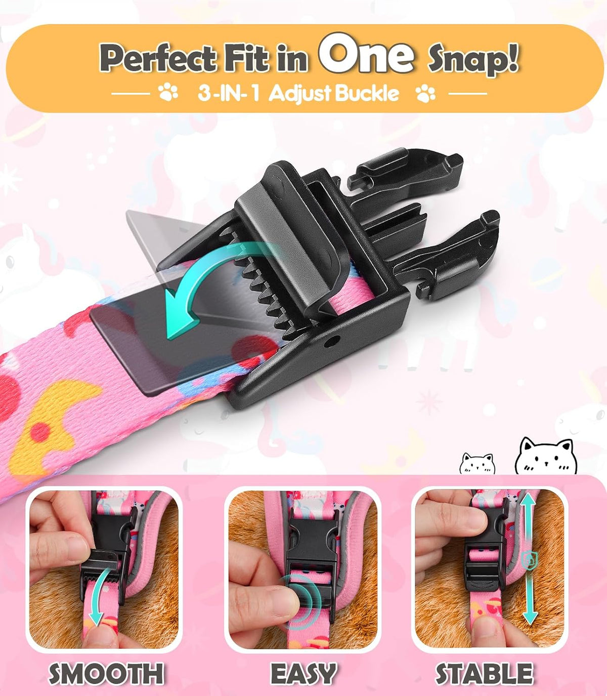 Cat Harness and Leash Set[MAX Safety 4th-Gen] Cute Escape Proof Vest - H603 Pro Pink Unicorn / Medium (13-18lb) - image 2
