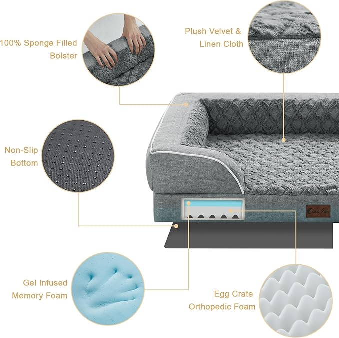 Orthopedic Dog Beds, Waterproof Memory Foam Large Sized Dog Bed with Sides, Non-Slip Bottom and Egg-Crate Foam Big Dogs Beds with Removable Washable Cover(Large,Grey)