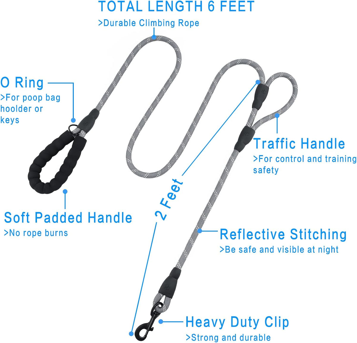 Plutus Pet Rope Dog Leash with Double Handles, Reflective - Rope-Gray - image 2