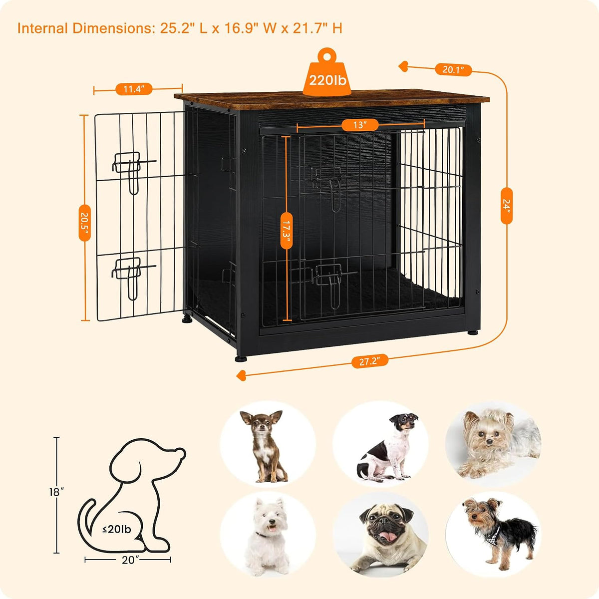 27" Dog Crate Furniture, Dog Kennel Indoor - Black+Rustic Brown / 27.2"L x 20.1"W x 23.6"H - image 3