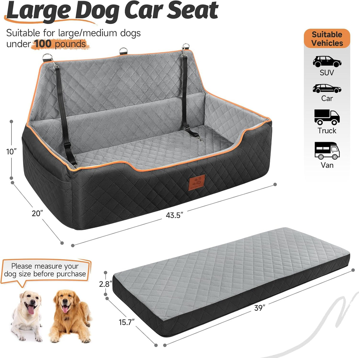 XIEEAOZEE Large Dog Car Seat for Pets Under 100 lbs - Black/Gray - image 3