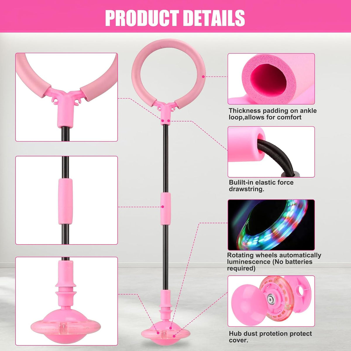 Ankle Skip Ball for Kids, Portable Foldable Flash Wheel Skip Ball Toy – Fun for Kids & Family - Pink - image 4