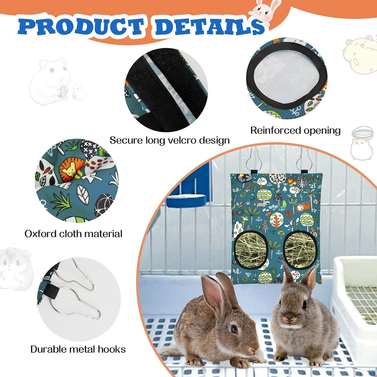 3 Pcs Rabbit Hay Feeder Bag - 11.8"×8.7" / Blue,Orange,Green - image 3