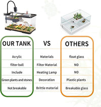 (Tank + Light + Filter + Filter Balls) Turtle Tank Kit, Turtle Tank Starter Kit,Bottom Drainage, Multi-Function Areas for Turtles, Crabs,Fishes, Amphibians,Reptiles. (21.65 × 12.28 × 12.28 Inch)