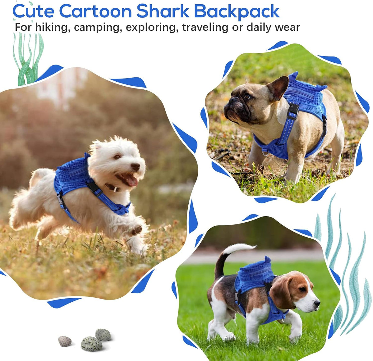 Dog Backpack Harness, No-Pull Dog Backpack with D-Ring, Frog, M - Blue Shark / 6.4"L x 5.1"W x 2.2"H - image 3