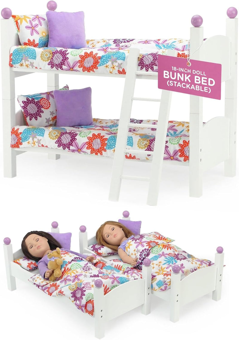 Emily Rose 18" Doll Bunk Bed Set, 2 Stackable White Wooden Beds