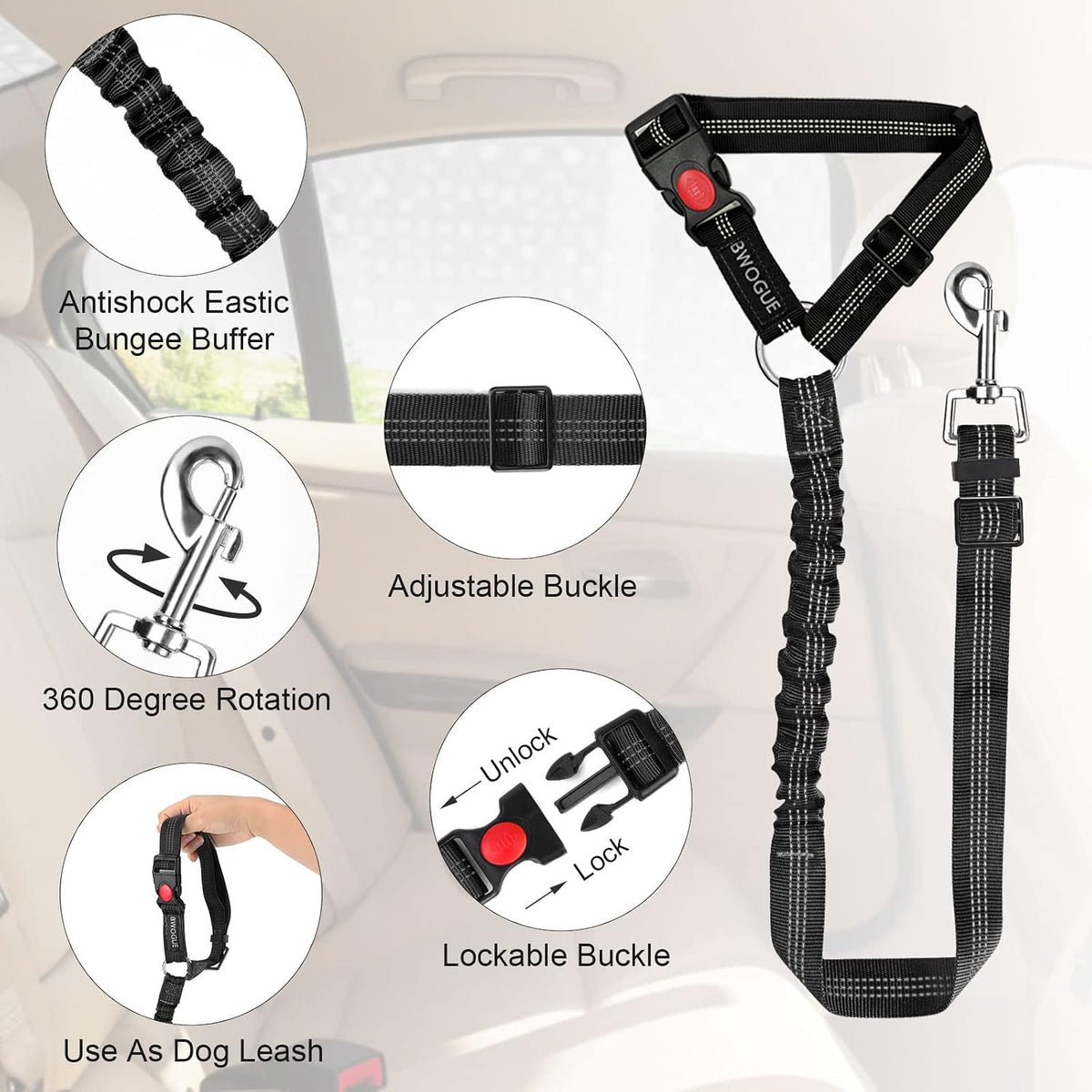 2 Pack Dog Seat Belt for Car, Headrest Restraint Safety Leads – Essentials for Dogs - Black / Elastic - image 4