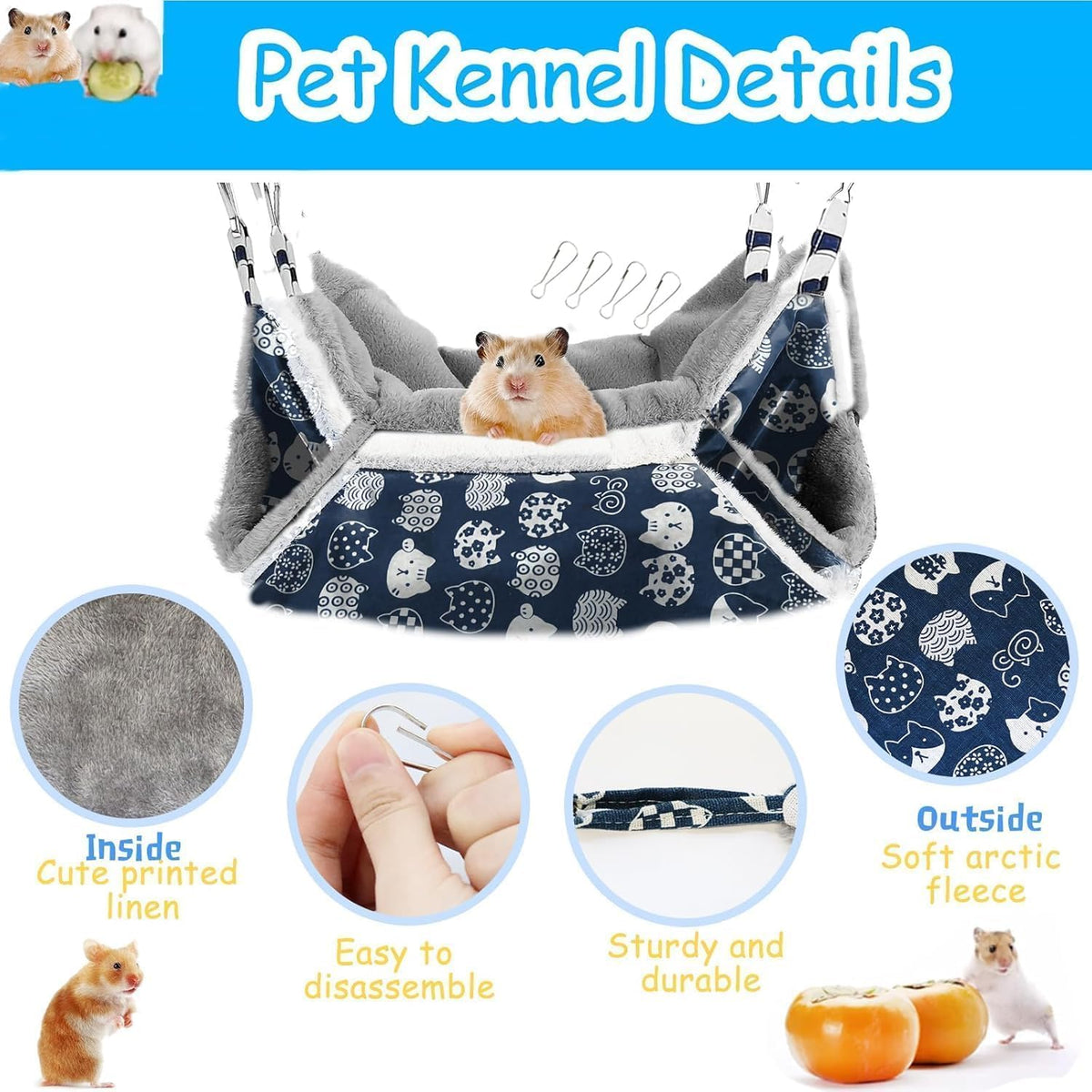 2 Layers Pet Rat Hammock, Double Sided Warm Flece & Linen Hammock for Cage, Hamster Guinea Pig - image 2
