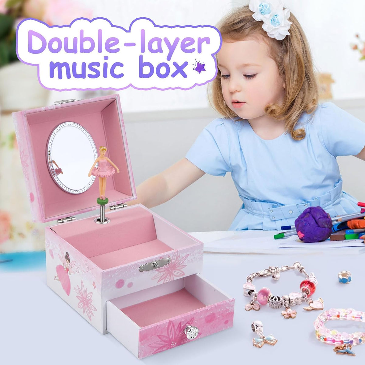 Girls Musical Jewelry Box with Drawer and Spinning Ballerina - Pink flower fairy - image 3