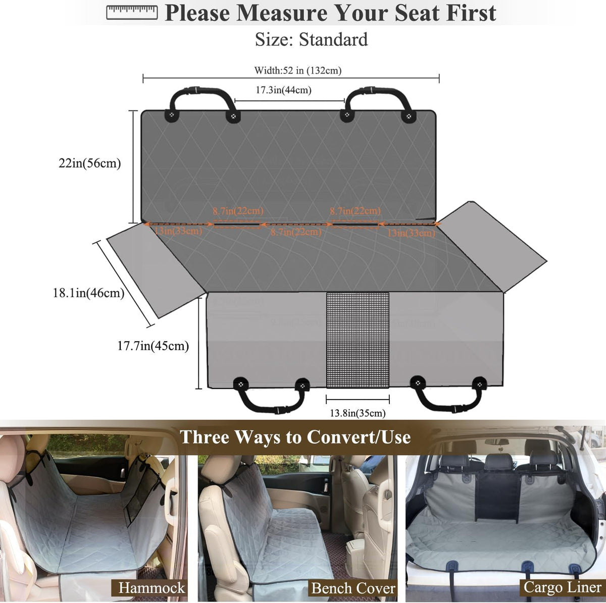 VIVAGLORY Dog Seat Cover Dog Hammock, Standard - Standard (width 52") / Grey - image 4