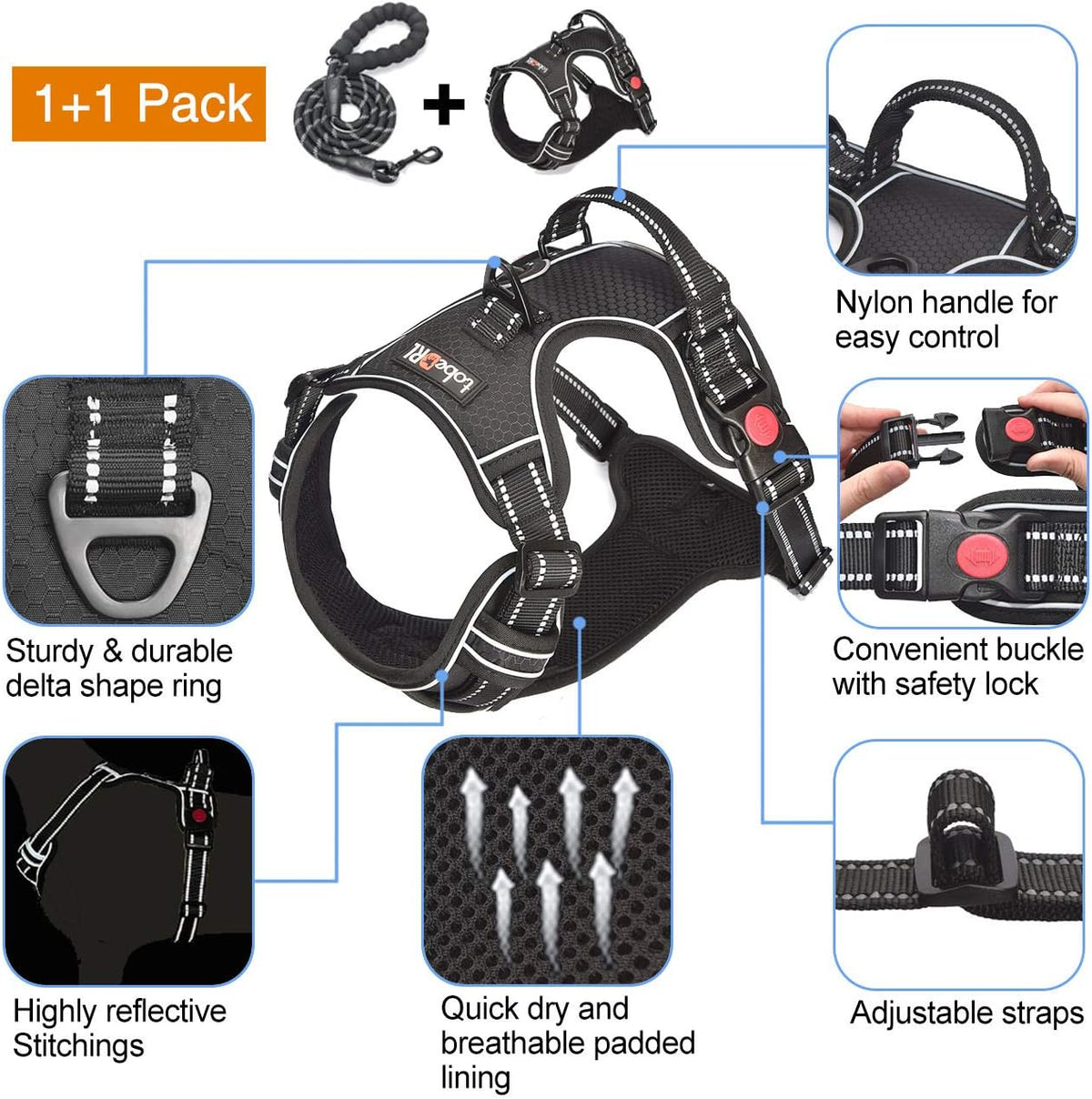 tobeDRI No Pull Dog Harness Adjustable Reflective Oxford Easy Control - Black / Large - image 3