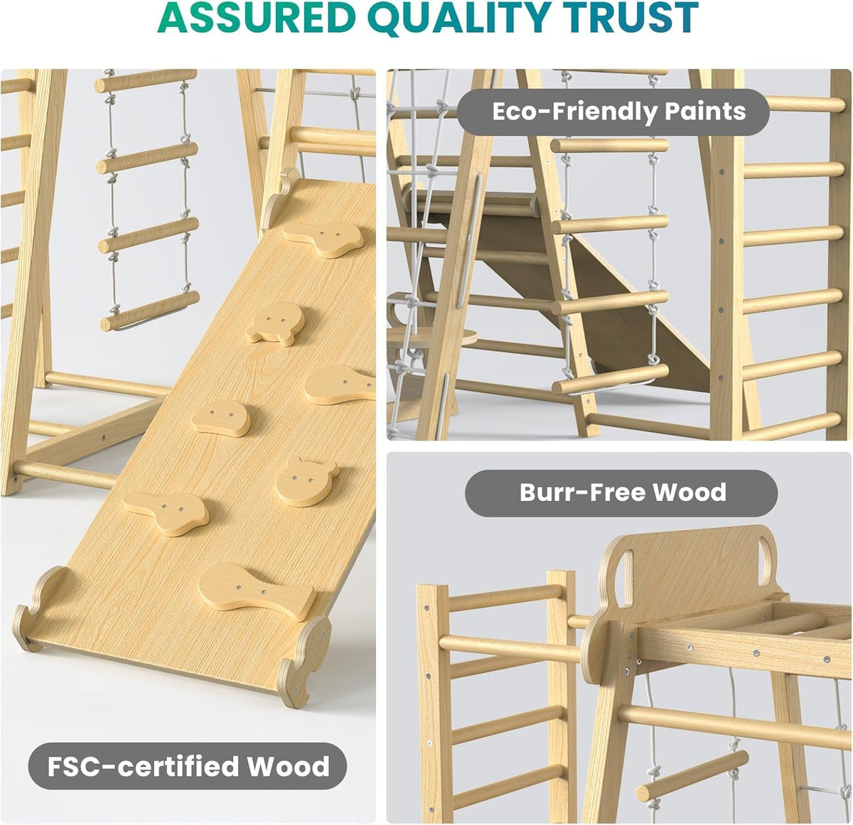 BlueWood Upgraded Indoor Jungle Gym 9-in-1 Playground Kids Climbing - Natural Wood Color / 9-in-1 - image 4