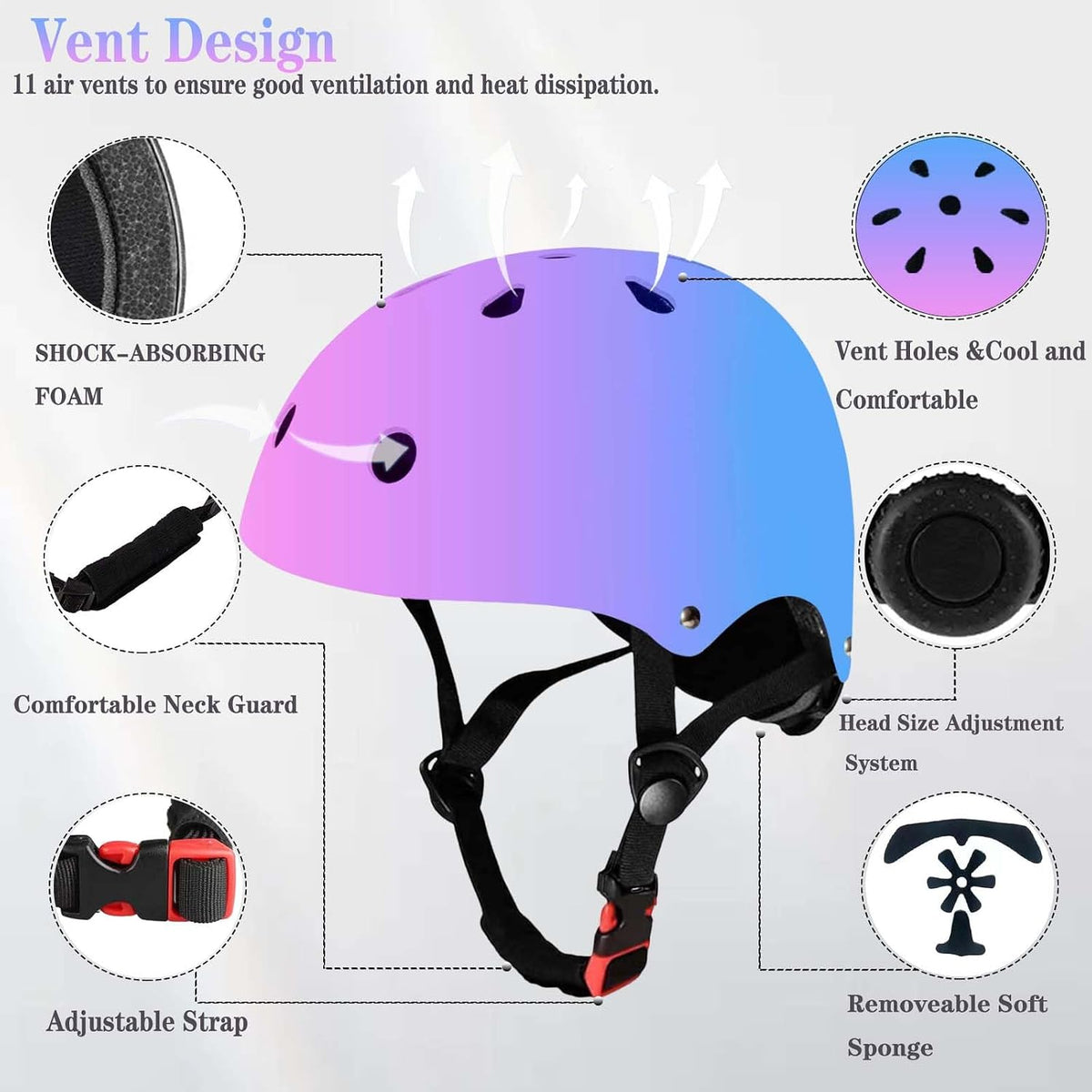 FOOKCIAN Kids Helmet,Toddler Skateboard Helmets for Ages 2-3-5-8-14 Years Boys Girls with Knee - PinkPurpleBlue / Small: 18.9"-21.3" / 3-8 year - image 4