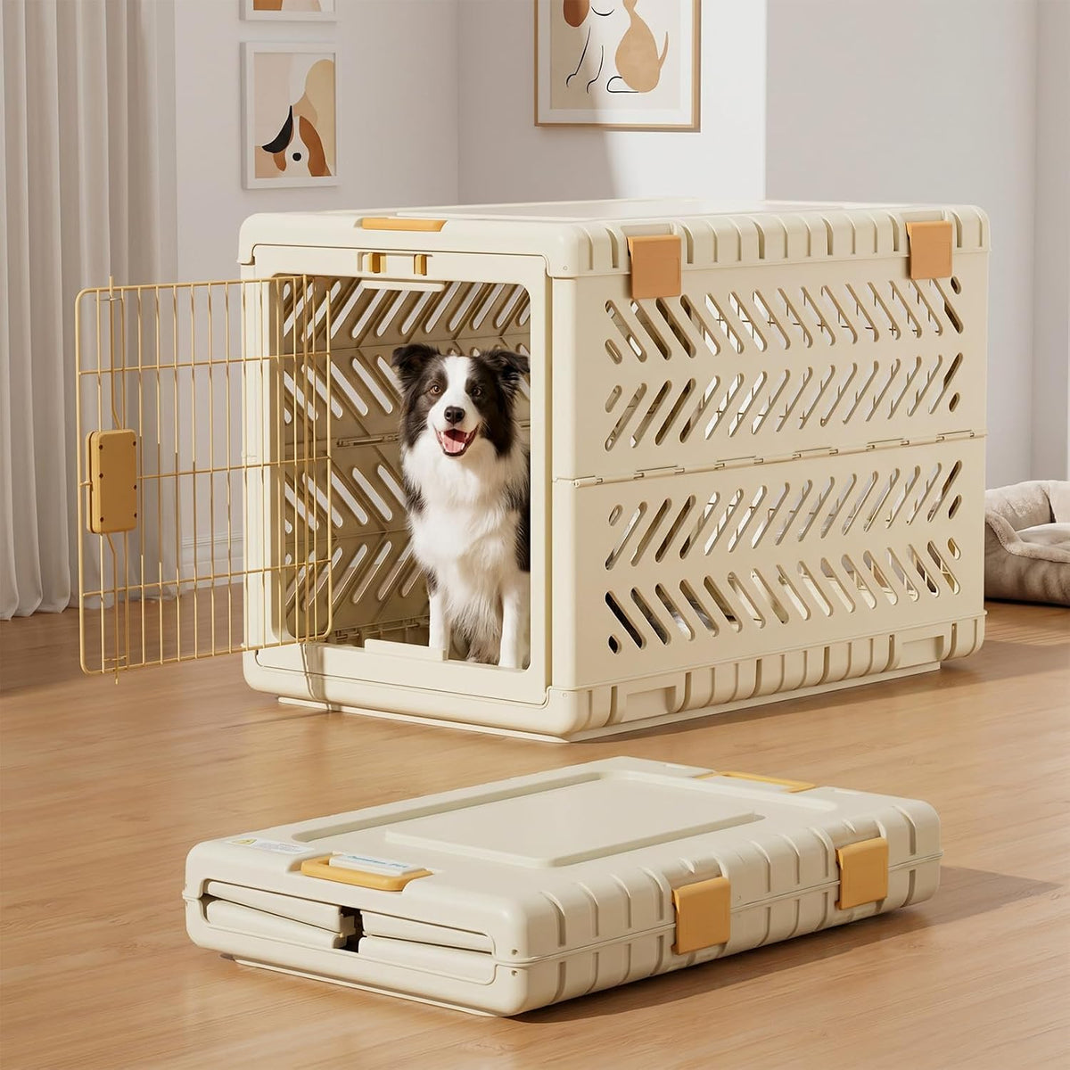 Collapsible Dog Crate for Small/Medium Dogs - Beige / 36.4"L x 22.8"W x 25.8"H