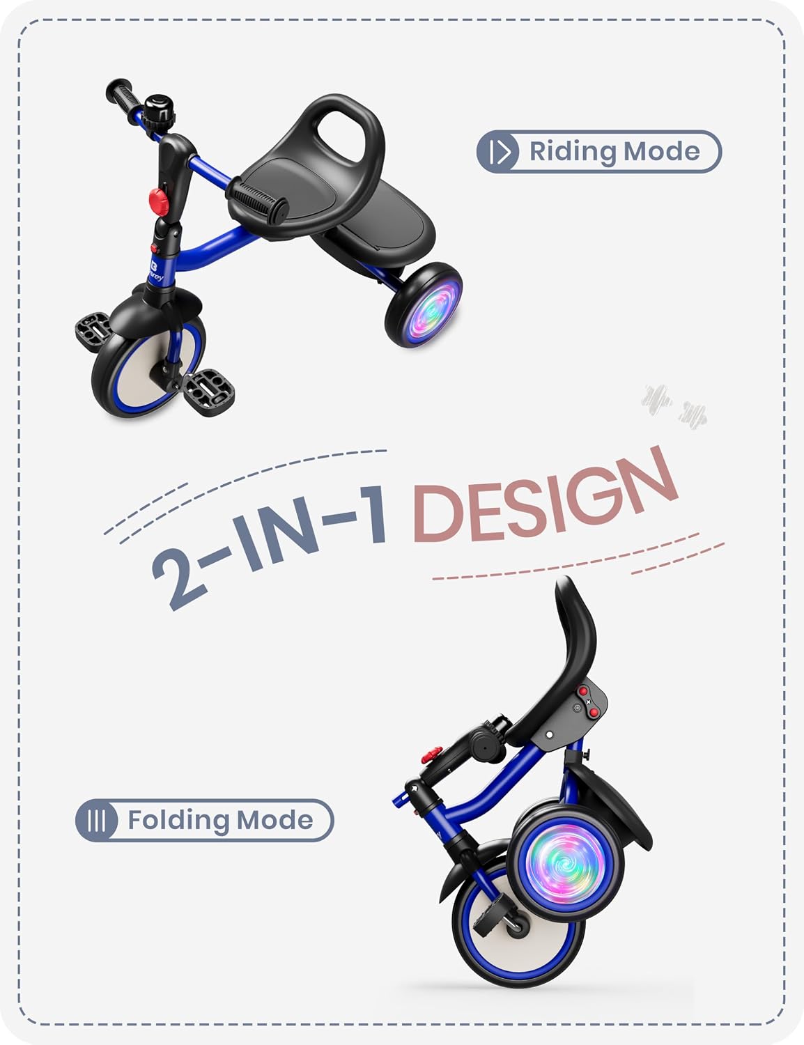 besrey Toddler Tricycle with Bell - Blue Flash Wheel - image 4