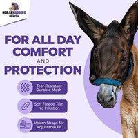 Donkey Fly Mask with Long Ears (Blue) Half Hoodie for Standard Donkey, Made in USA - Mule Fly Mask with Ears Protection from Insects and Bugs, Face Cover Soft Mesh Fabric with Adjustable Fastener