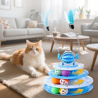Vealind Cat Toy Roller 4-Level Turntable Cat Toys Balls with Colorful Pom Pom Balls Interactive Fun Mental Physical Exercise Puzzle Kitten Toys (Blue)