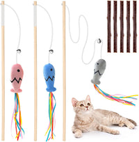 Natural Wood Cat Wand Toy with Ribbon Fish Teaser